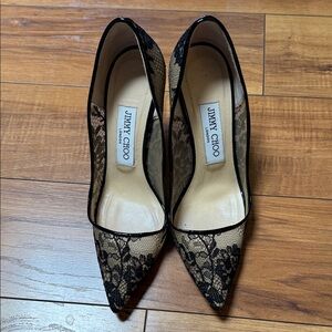 Jimmy Choo Lace Overlay Heels in Black and Tan